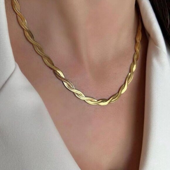 Gold Herringbone Twist Necklace Waterproof Necklace Gorgeous Layering Necklace - Picture 9 of 15